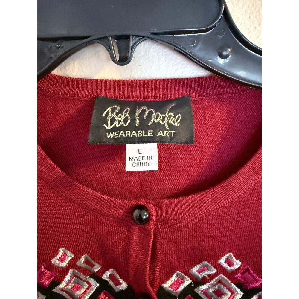 Vintage Bob Mackie Wearable Art Red Geometric Embroidered Cardigan Sweater Large - Picture 3 of 6